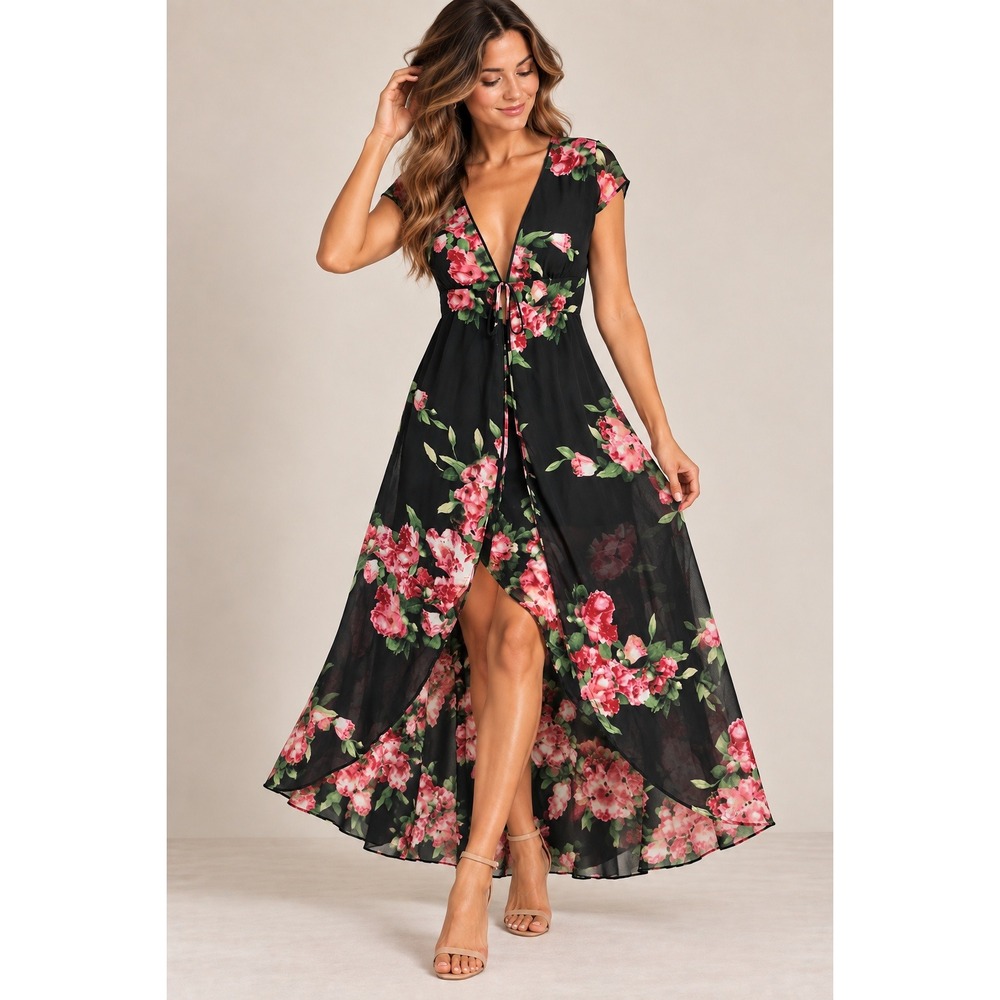 L'Atiste by Amy Women Black Pink Floral Sheer Maxi Dress Tie Front Small NEW